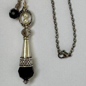 Necklace handmade silvertone carved cone centerpiece black & gray crystals OOAK